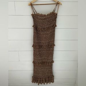 Smocked Ruffle Midi Dress in Brown Multi